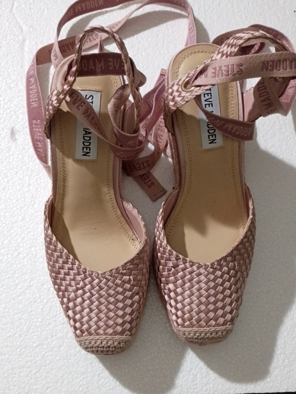 Steve Madden Blush Pink Woven Espadrille Wedge Sandals with Ankle Wrap